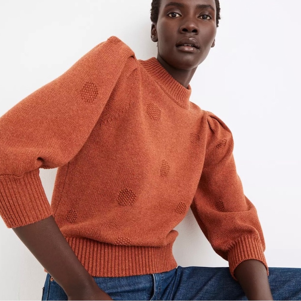 Madewell Dotted Eaton Puff-Sleeve Pullover Sweater in Cotton-Merino Yarn…